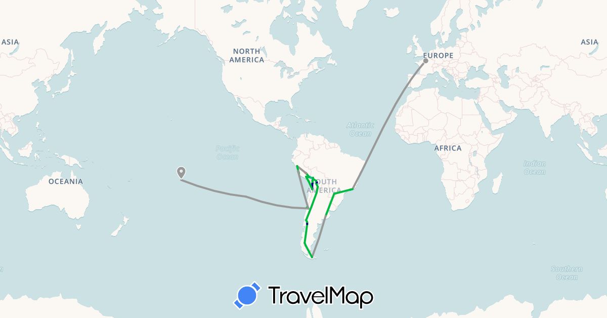 TravelMap itinerary: driving, bus, plane, cycling, hiking, boat in Argentina, Bolivia, Brazil, Chile, France, Peru, French Polynesia (Europe, Oceania, South America)